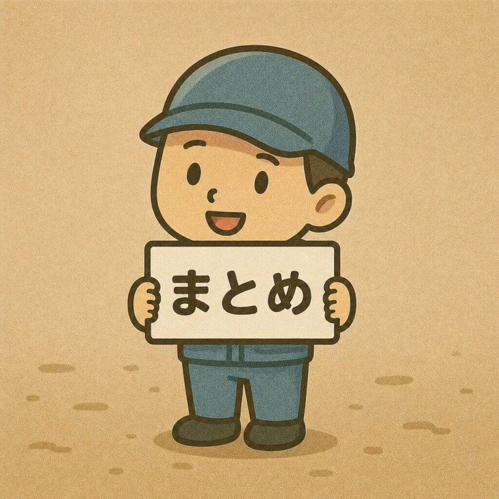 胸の前で「まとめ」と書かれたプレートを持つ作業服姿の男性