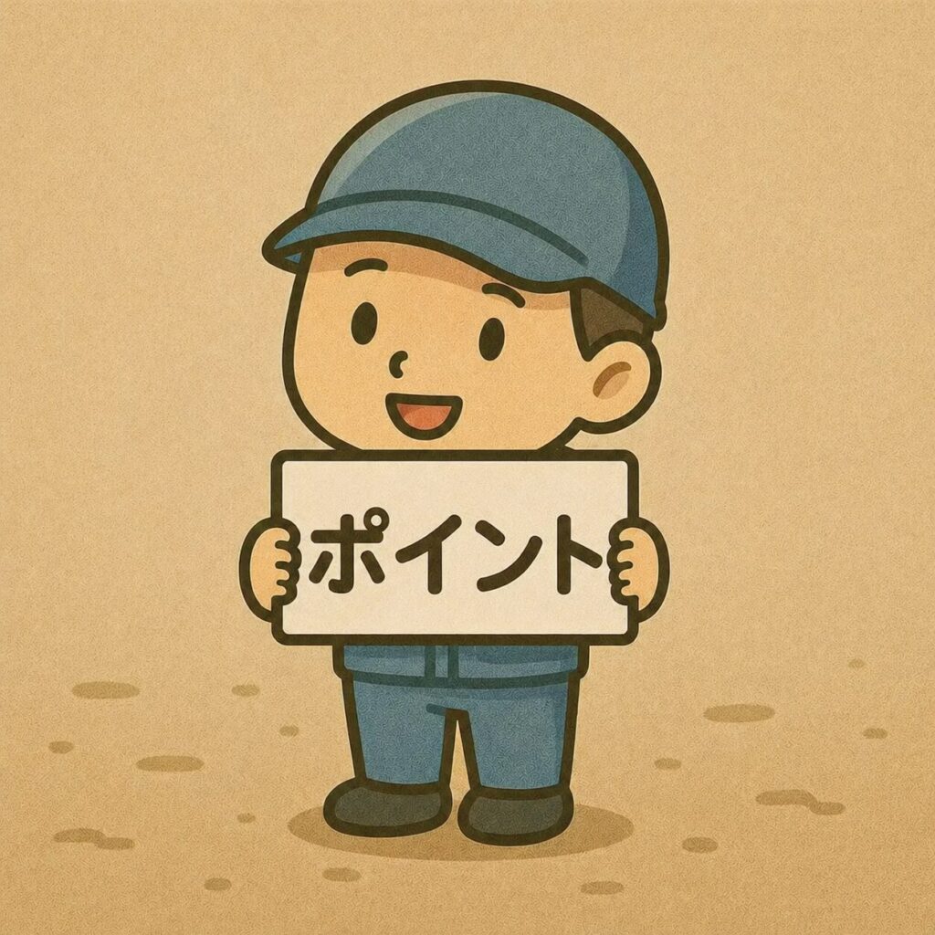 胸の前で「ポイント」と書かれたプレートを持つ作業服姿の男性