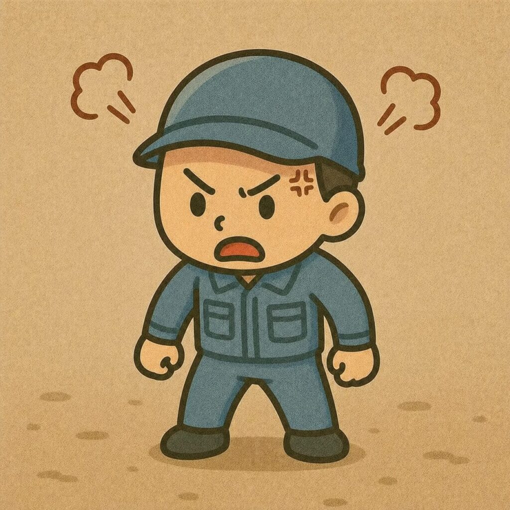 怒っている作業服姿の男性