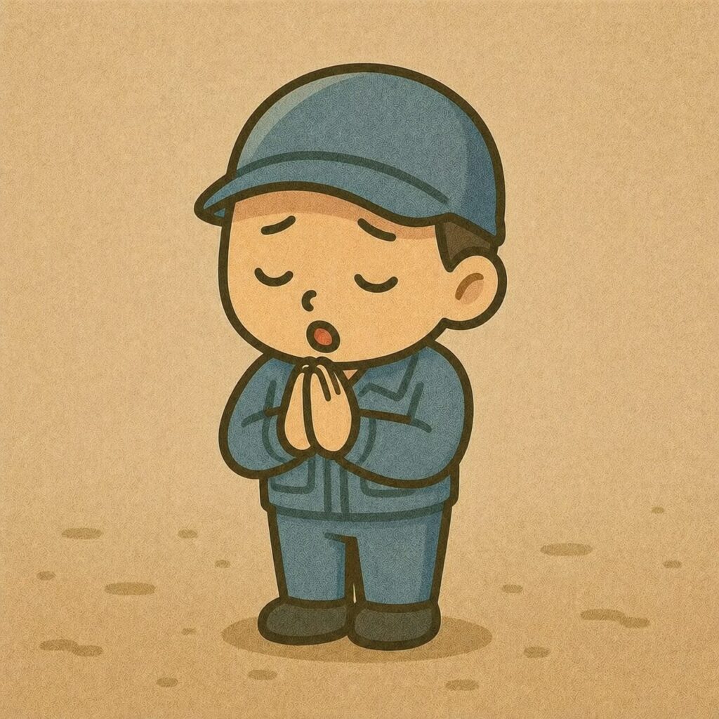 両手を合わせる作業服姿の男性