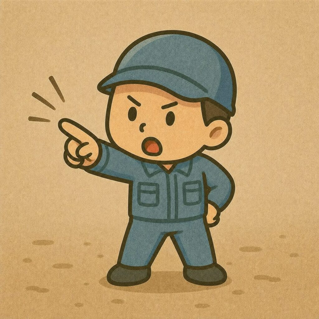 ビシッと指を刺す作業服姿の男性