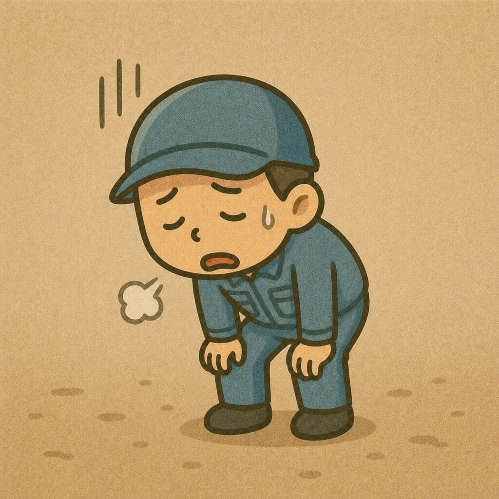 疲れた表情で肩を落とす作業服姿の男性