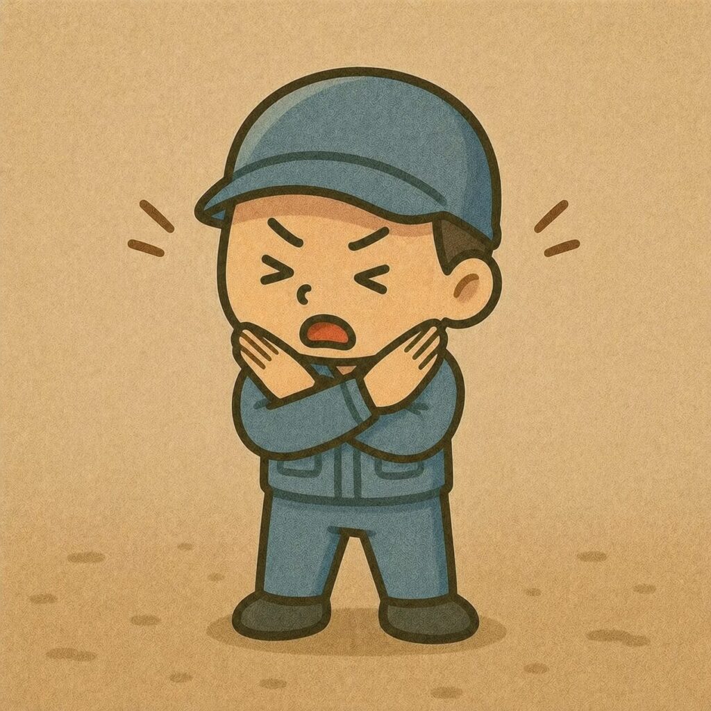 手をバツにして否定する作業服姿の男性