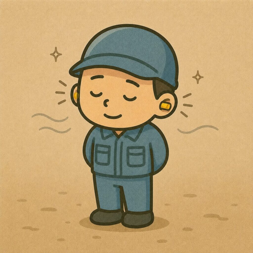 耳栓をして温和な表情の作業服姿の男性