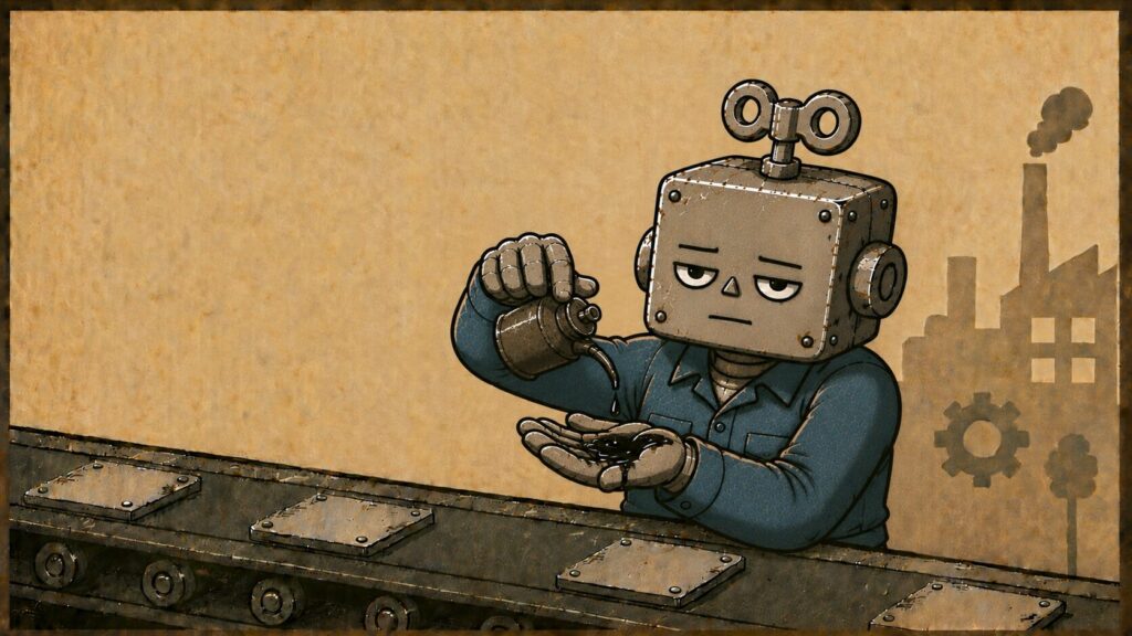 手のメンテをする作業服を着たロボット