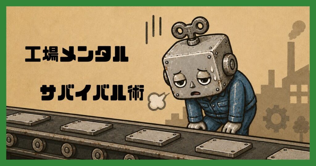 コンベアの前で膝に手をつく作業服を着たロボット