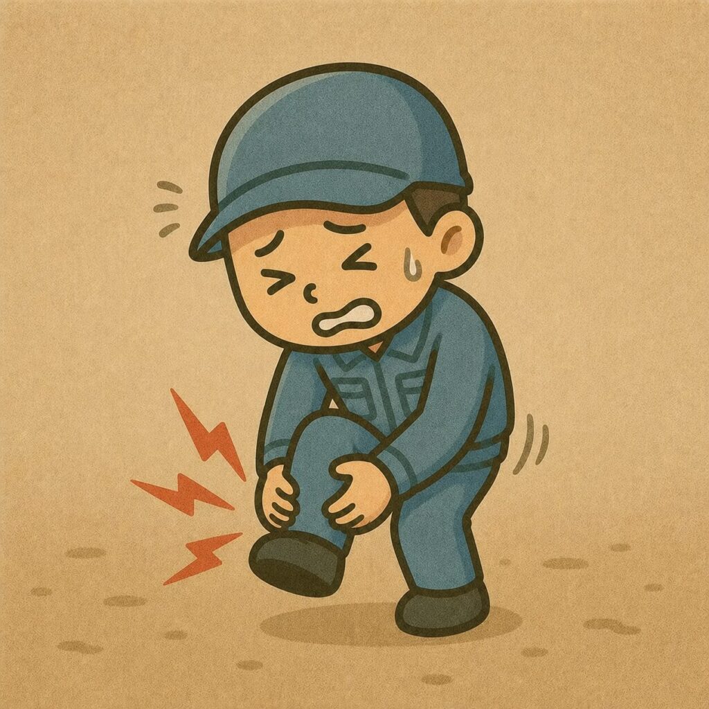 足の痛みに耐える作業服姿の男性