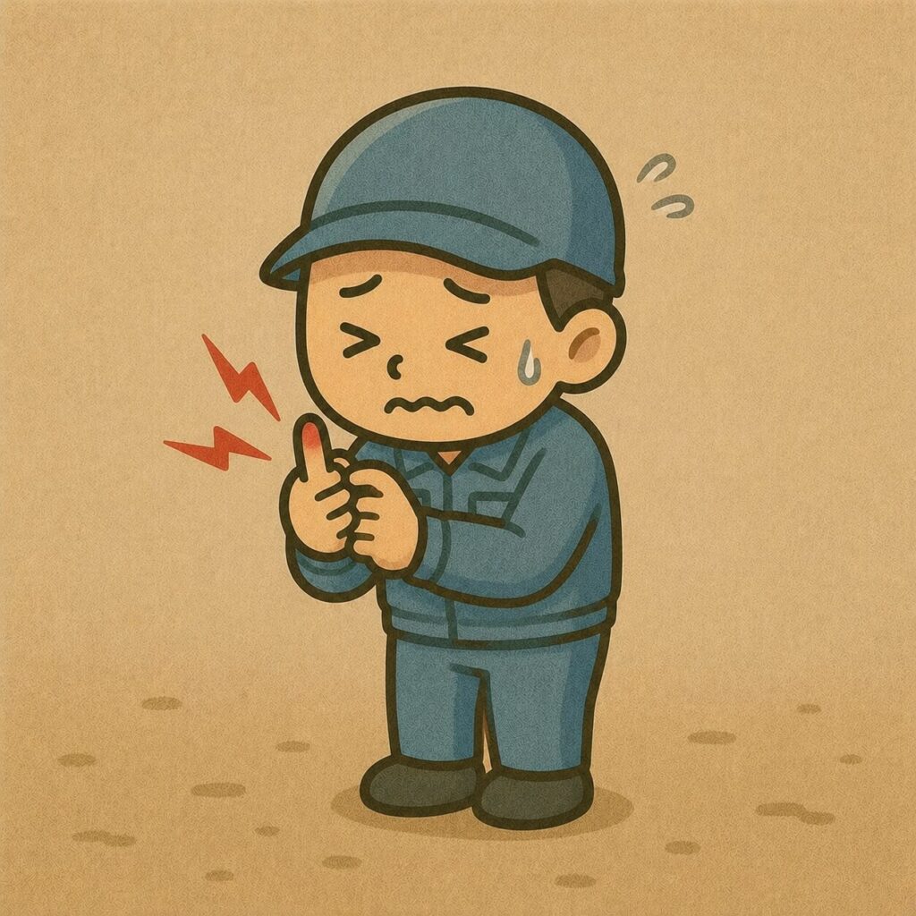 指の痛みに耐える作業服姿の男性