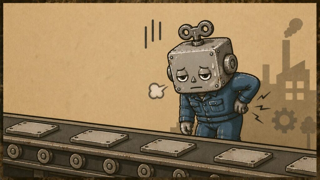 腰をさする作業服姿のロボット