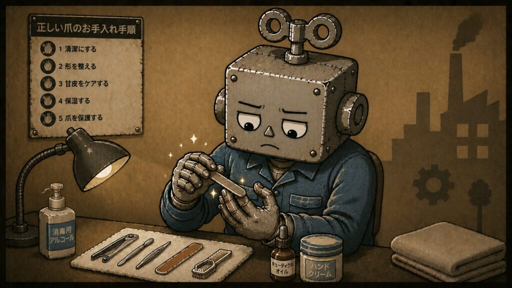 爪をお手入れする作業服姿のロボット