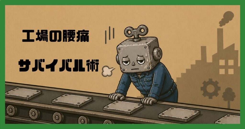 コンベアに手をつき腰を伸ばすロボット