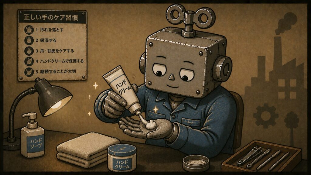 ハンドクリームを塗る作業服を着たロボット