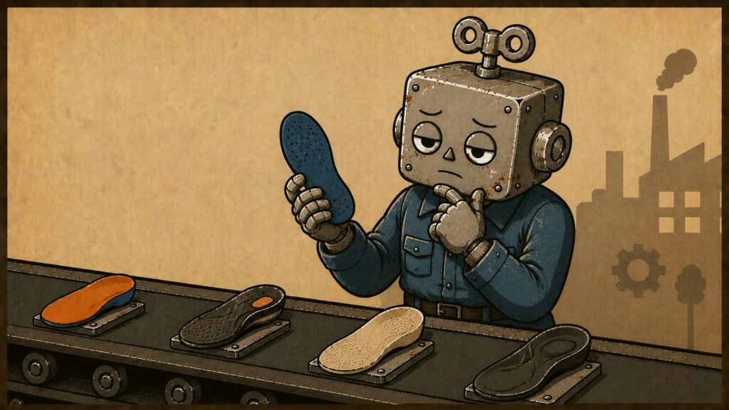 インソールを手に取り考えている作業服姿のロボット