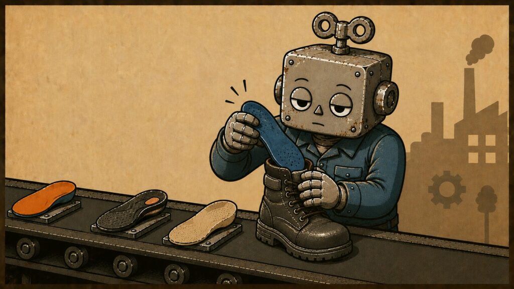 安全靴にインソールをセットしている作業服姿のロボット