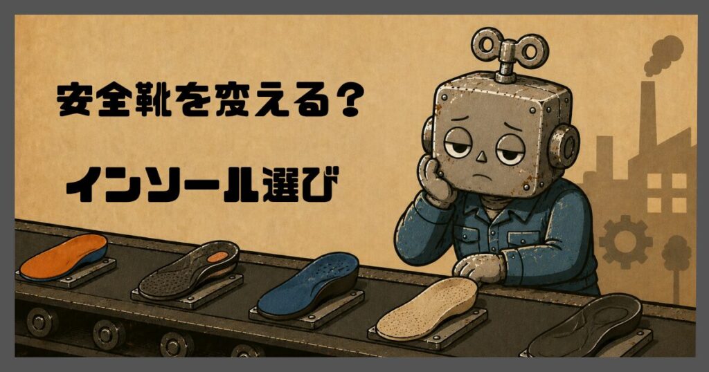 コンベアを流れてくる週種類のインソールを見ている作業服姿のロボット