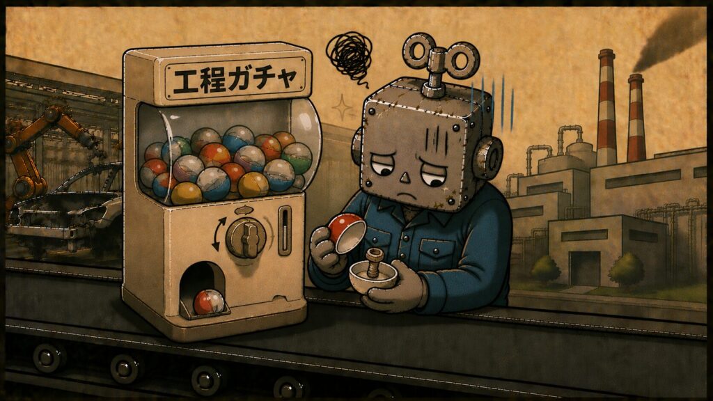 ガチャガチャを回す作業服姿のロボット