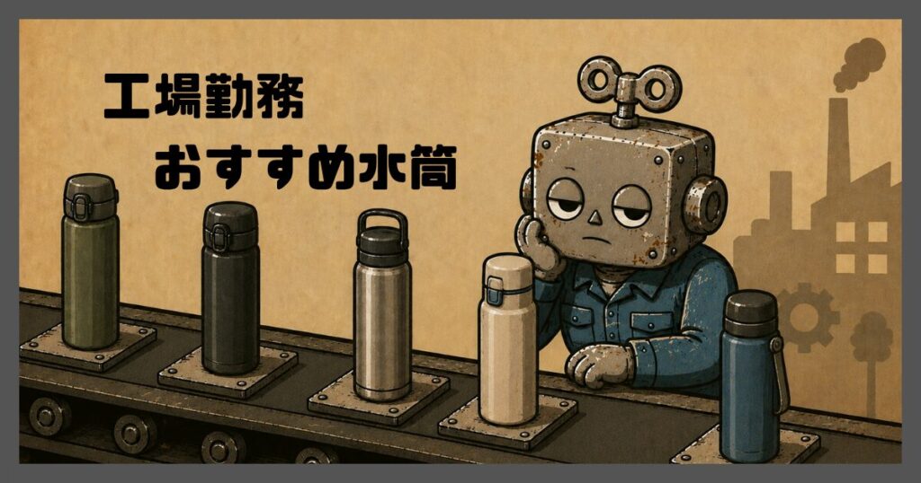 コンベアを流れてくる数種類の水筒を見ている作業服を着たロボット