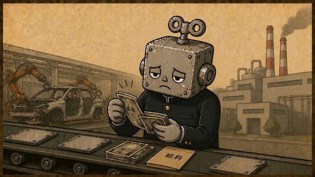 工場でお金を数える学生服姿のロボット