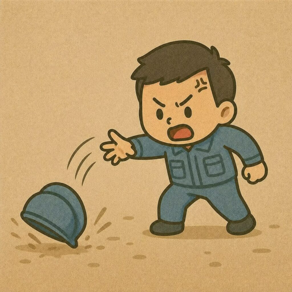 帽子を投げつける作業服姿の男性