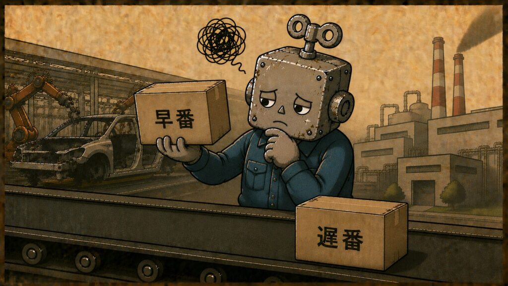 「早番」と書かれた箱を持ち上げる作業服姿のロボット
