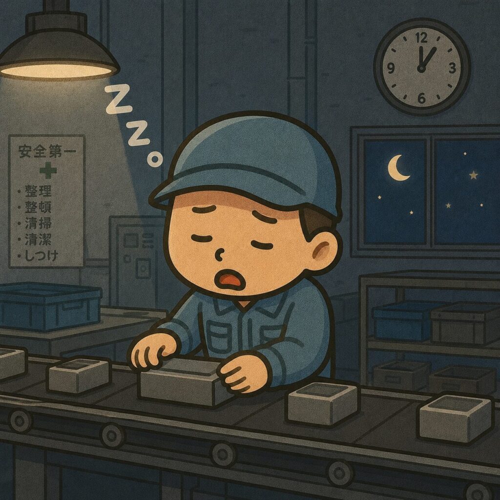 寝ながらライン作業をする作業服姿の男性