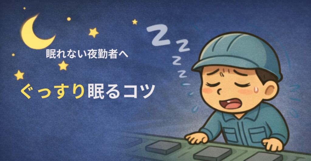 眠そうに夜勤ではたらく作業服姿の男性