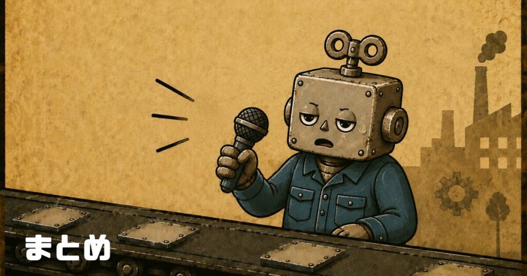 マイクを持つ作業服姿のロボット