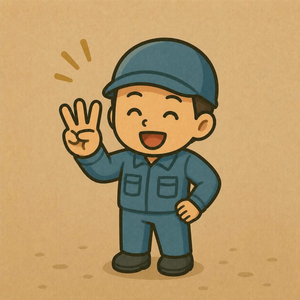笑顔で3本指をたてる作業服姿の男性