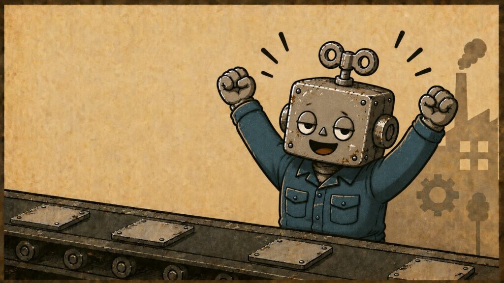 ばんざいをする作業服姿のロボット