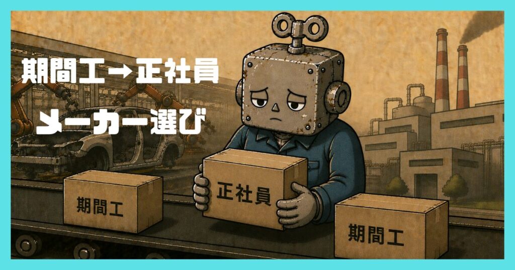 コンベアから「正社員」と書かれた箱を取る作業服を着たロボット