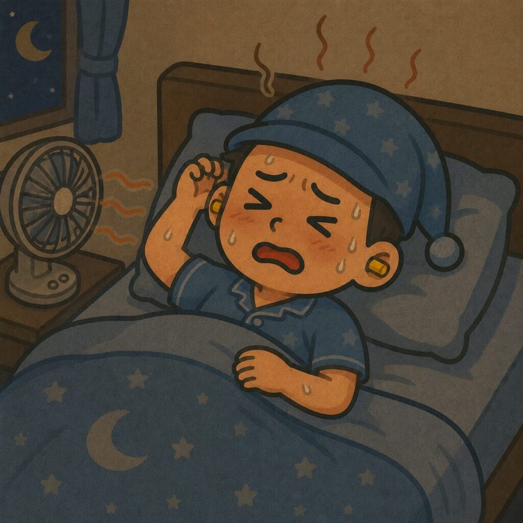 暑くて寝苦しそうな男性