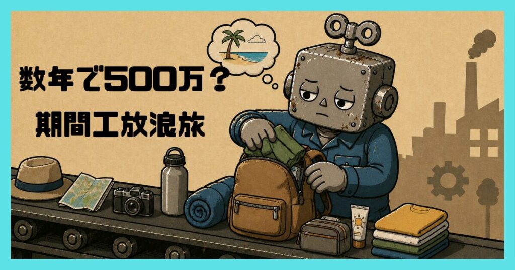 リュックに荷物を詰めている作業服姿のロボット