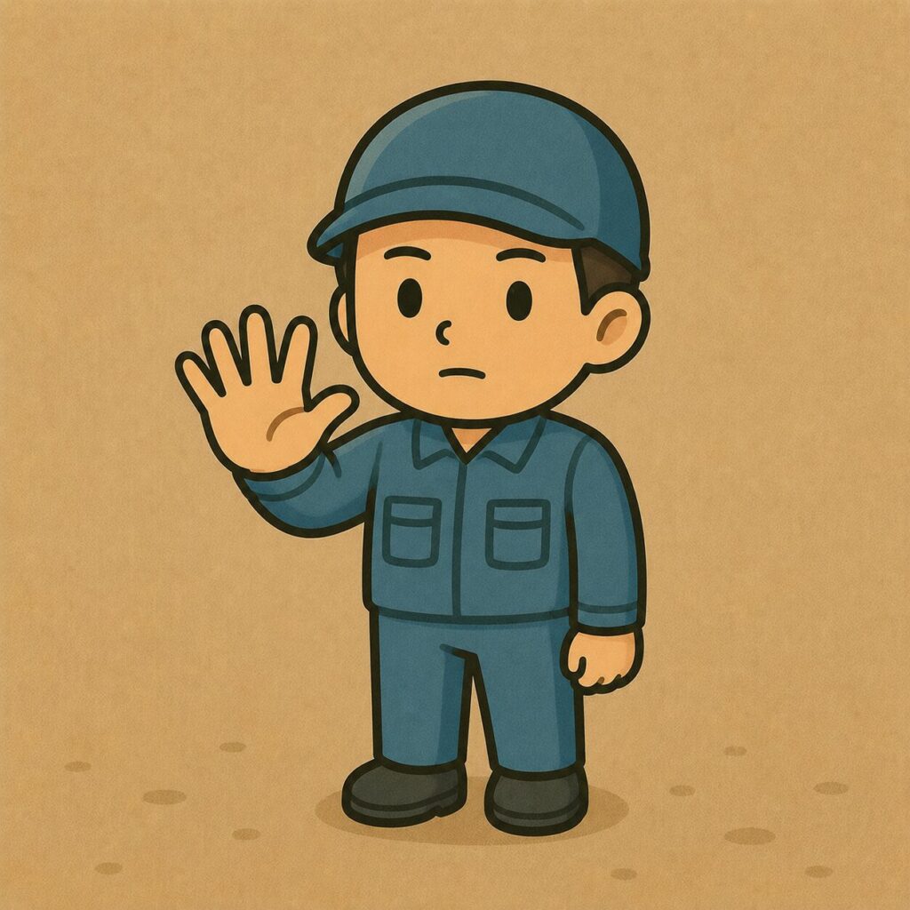 5本指を立てる作業服姿の男性