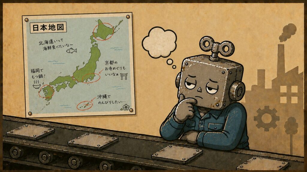 日本地図を見て考える作業服姿のロボット